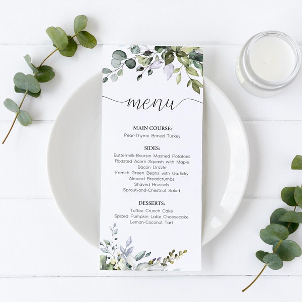 Greenery Menu Template, Greenery Bridal Shower Menu, Eucalyptus Editable Template, Instant Download, Corjl, GE01