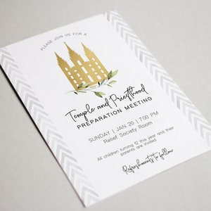 May include: A white invitation with a gold silhouette of a temple and green leaves. The text reads "Please join us for a Temple and Priesthood Preparation Meeting, Sunday | Jan 20 | 7:00 PM, Relief Society Room, All children turning 12 this year and their parents are invited. Refreshments to follow."