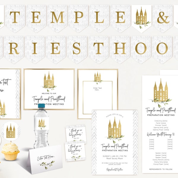 Temple and Priesthood Preparation Meeting Set, EDITABLE Invitation Program Printable, Party Kit, LDS Primary, Instant Download, Corjl, TP01