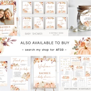 Peut inclure: D&eacute;corations imprimables pour une f&ecirc;te pr&eacute;natale sur le th&egrave;me de l'automne. Les d&eacute;corations pr&eacute;sentent des citrouilles, des arrangements floraux et le texte "Baby Shower de Rachel".