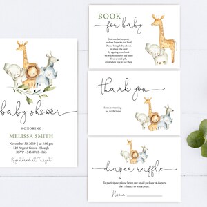 May include: A set of four cards for a baby shower with a jungle animal theme. The cards are white with black text and feature a watercolor illustration of a giraffe, elephant, lion, and rhino. The text on the cards reads "Book for Baby", "Thank You", "Baby Shower", and "Diaper Raffle".