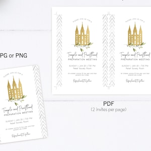 May include: A printable invitation for a Temple and Priesthood Preparation Meeting. The invitation features a gold silhouette of a temple with green leaves and a gray chevron pattern background. The text on the invitation reads "Please join us for a Temple and Priesthood Preparation Meeting, Sunday Jan 20 | 7:00 PM, Relief Society Room, All children turning 12 this year and their parents are invited, Refreshments to follow."