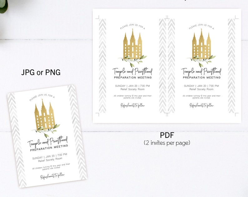 May include: A printable invitation for a Temple and Priesthood Preparation Meeting. The invitation features a gold silhouette of a temple with green leaves and a gray chevron pattern background. The text on the invitation reads "Please join us for a Temple and Priesthood Preparation Meeting, Sunday Jan 20 | 7:00 PM, Relief Society Room, All children turning 12 this year and their parents are invited, Refreshments to follow."
