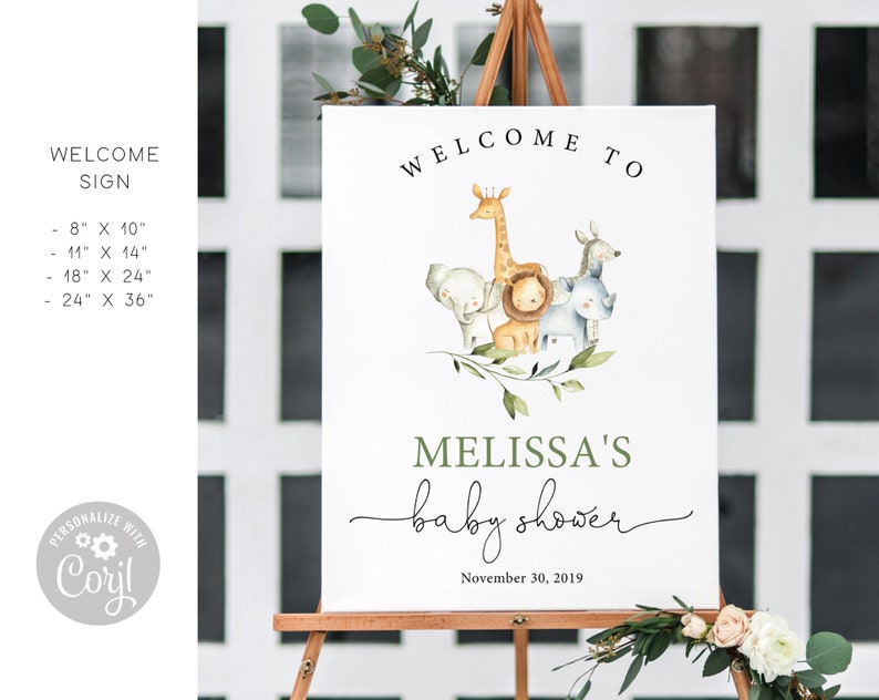 May include: A white welcome sign with a green border and the text "Welcome to Melissa's baby shower" with a date of November 30, 2019. The sign features a watercolor illustration of a giraffe, elephant, lion, and rhinoceros.