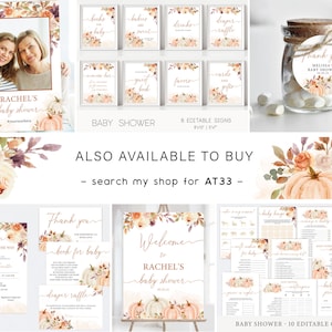 Peut inclure: D&eacute;corations imprimables pour une f&ecirc;te pr&eacute;natale sur le th&egrave;me de l'automne. Les d&eacute;corations pr&eacute;sentent des citrouilles, des arrangements floraux et le texte "Baby Shower de Rachel".