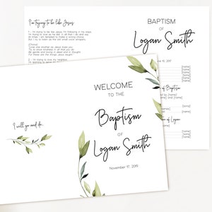 May include: A welcome sign for a baptism ceremony with green watercolor leaves and the text "Welcome to the Baptism of Logan Smith, November 17, 2019".
