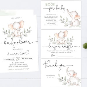 Elephant Baby Shower Bundle, EDITABLE Invitation Printable, Greenery Elephant Baby Shower Invitation, Corjl, PE01