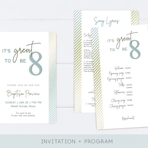 May include: A light blue and green striped invitation and programme for a baptism preview. The invitation says "It's great to be 8" and the programme says "Song Lyrics" and includes a list of events.