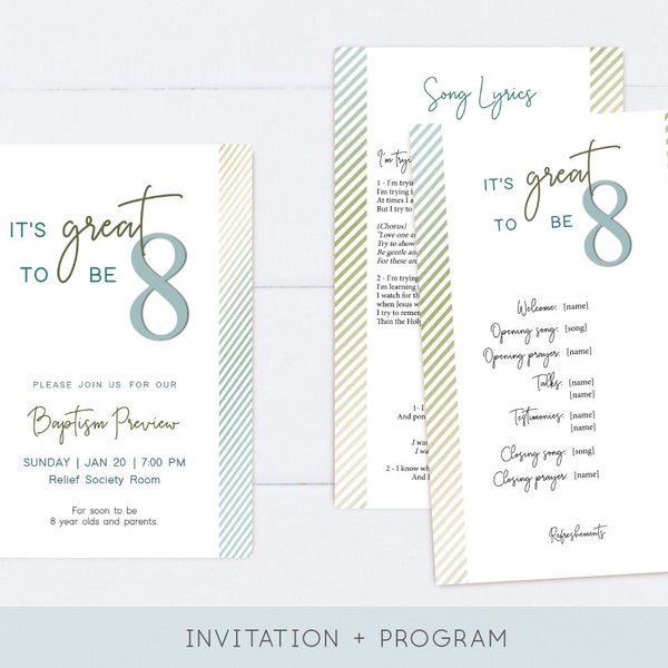 LDS Baptism Preview Printable Invitation Program, EDITABLE Invitation Program Printable, It's great to be 8, Instant Download, Corjl, BPR1