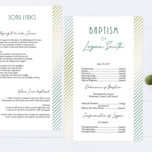May include: A baptism programme for Logan Smith, featuring a green and white striped background. The programme includes the date of the baptism, 10 June 2017, and a list of those involved in the ceremony, including the officiant, pianist, chorister, and speaker. The programme also includes the song titles for the opening song and the closing song.