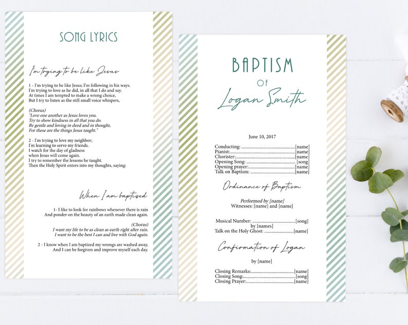 May include: A baptism programme for Logan Smith, featuring a green and white striped background. The programme includes the date of the baptism, 10 June 2017, and a list of those involved in the ceremony, including the officiant, pianist, chorister, and speaker. The programme also includes the song titles for the opening song and the closing song.