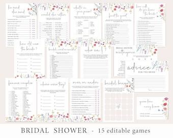 Pakiet gier na wieczór panieński „Wildflower Bridal Shower”: 14 edytowalnych szablonów (do natychmiastowego pobrania)