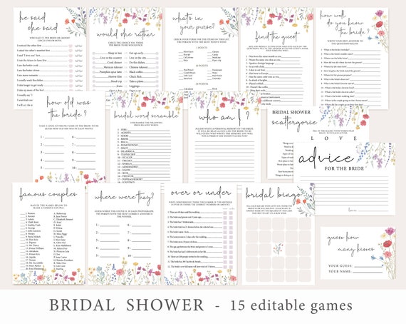 Wildflower Bridal Shower Games Bundle: 14 Editable Templates (Instant Download)