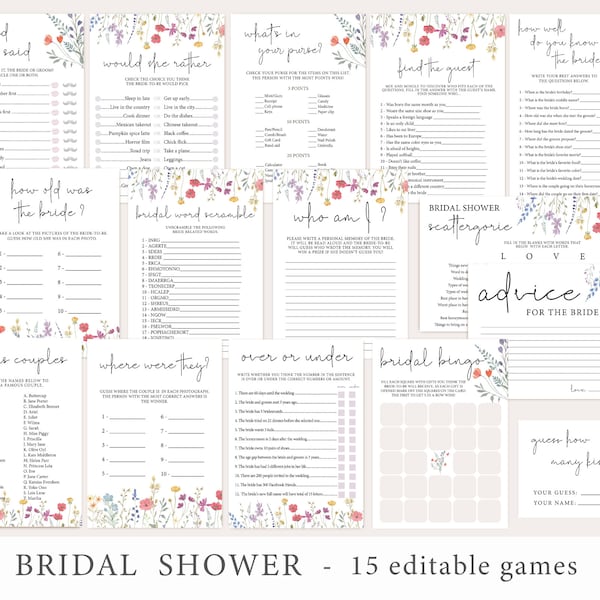 Wildflower Bridal Shower Games Bundle, Bridal Shower Games Template, Wildflowers Bridal Games Set, Instant Download, Corjl, WF11