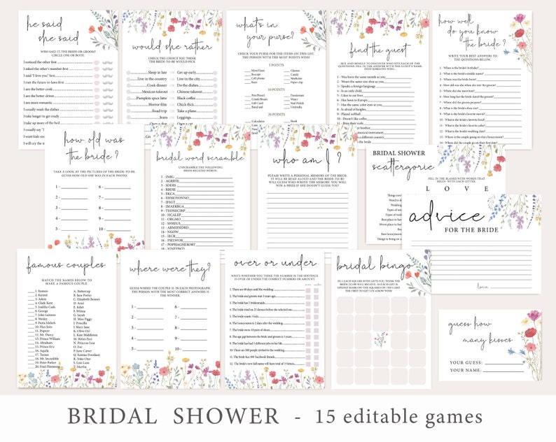 Wildflower Bridal Shower Games Bundle: 14 Editable Templates (Instant Download) image 1