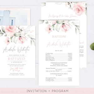 Puede incluir: Una invitación de bautismo floral rosa y verde con el texto "Estoy tratando de ser como Jesús" y "Bautismo de Adele White" con la fecha 10 de junio de 2017. La invitación incluye un programa con una lista de eventos y nombres para cada uno.