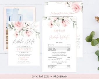 Floral LDS Baptism Invitation & Program Template (Editable, Corjl)