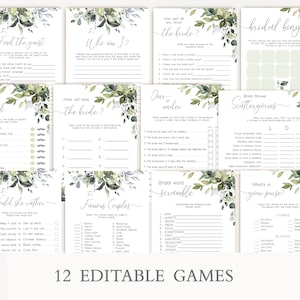 Paquete de juegos de despedida de soltera Greenery, plantilla de juegos de despedida de soltera, conjunto de juegos de despedida de soltera florales Greenery, descarga instantánea, Corjl, GE01