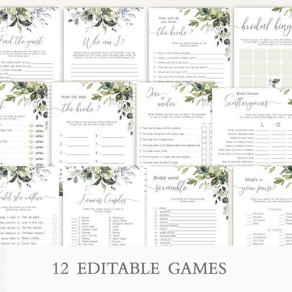 Greenery Bridal Shower Games Bundle, Bridal Shower Games Template, Greenery Floral Bridal Games Set, Instant Download, Corjl, GE01