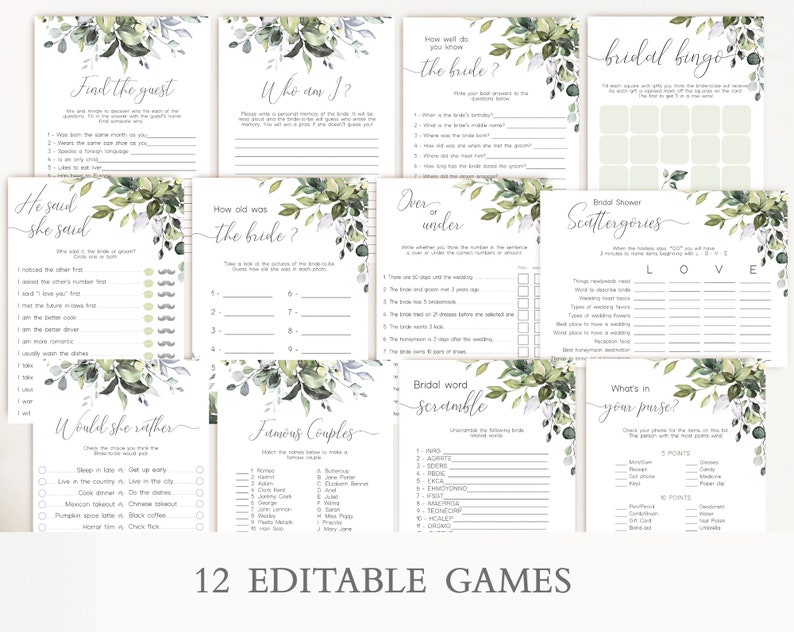 Greenery Bridal Shower Games Bundle Bridal Shower Games Etsy