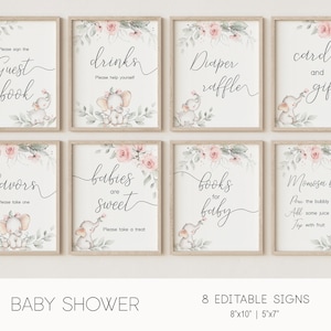 Elephant Baby Shower Signs, Baby Shower Signs, Greenery Blush Pink Baby Shower Sign, Printable Signs Template, Instant Download, Corjl, PP02