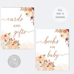 Peut inclure: Deux pancartes imprimables avec des illustrations d'automne &agrave; l'aquarelle de citrouilles et de fleurs. Les pancartes indiquent "cartes et cadeaux" et "livres pour b&eacute;b&eacute;".