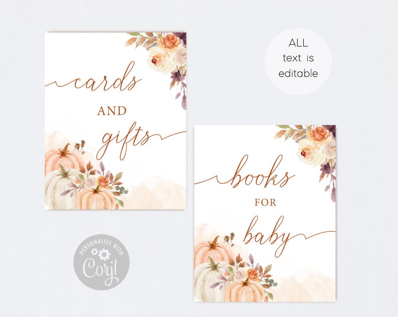 Peut inclure: Deux pancartes imprimables avec des illustrations d'automne &agrave; l'aquarelle de citrouilles et de fleurs. Les pancartes indiquent "cartes et cadeaux" et "livres pour b&eacute;b&eacute;".