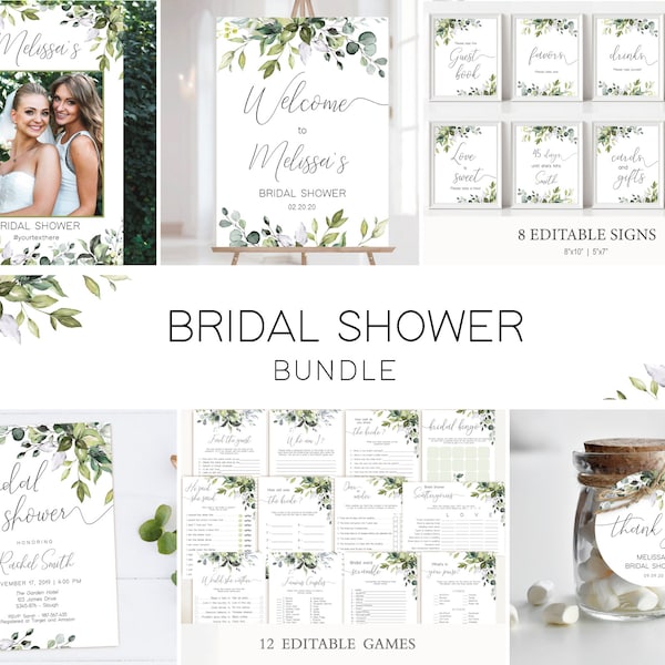 Greenery Bridal Shower Template, Bridal Shower Set, Custom Sign, Editable Signs, Bridal Shower Bundle, Instant Download, Corjl, GE01
