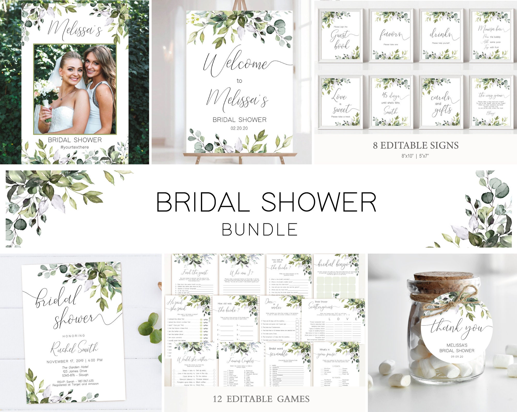 Greenery Bridal Shower Template, Bridal Shower Set, Custom Sign, Editable Signs, Bridal Shower Bundle, Instant Download, Corjl, GE01