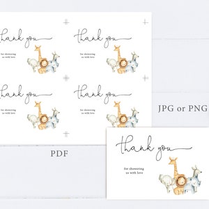 May include: Four printable thank you cards with a safari animal theme. The cards feature a giraffe, lion, zebra, and elephant with the text "Thank you for showering us with love".
