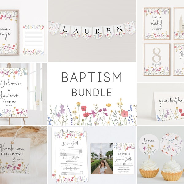 Editable LDS Baptism Set, Party Kit, LDS Primary, Instant Download, Baptism Template, Wildflower baptism, Editable Template, Corjl, WF11
