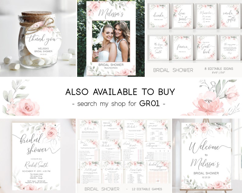 K&ouml;nnte beinhalten: Ein Set druckbarer Brautdusche-Dekorationen mit einem Aquarell-Blumendesign mit rosa Bl&uuml;ten und gr&uuml;nen Bl&auml;ttern. Das Set beinhaltet ein Willkommens-Schild, einen Foto-Booth-Rahmen, 8 bearbeitbare Schilder und 12 bearbeitbare Spiele. Der Text auf dem Willkommens-Schild lautet "Willkommen zur Brautdusche von Melissa 02.20.20".