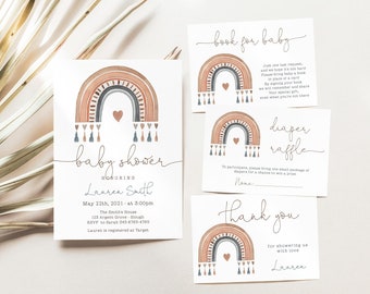 Boho Rainbow Baby Shower Invitation Bundle (Editable Template)