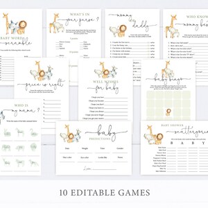 May include: Ten printable baby shower games featuring a jungle animal theme. The games include "What's in your purse?", "Baby Word Scramble", "Price is Right", "Who is my Mama?", "Mommy or Daddy", "Who Knows Mommy Best?", "Well Wishes for Baby", "Baby Bingo", "Baby Shower Scattergorie", and "Baby Predictions".