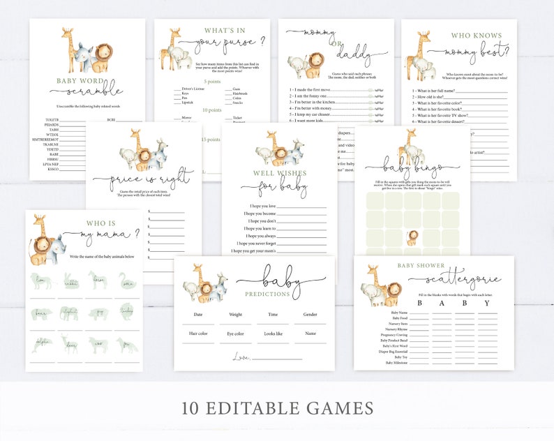 May include: Ten printable baby shower games featuring a jungle animal theme. The games include "What's in your purse?", "Baby Word Scramble", "Price is Right", "Who is my Mama?", "Mommy or Daddy", "Who Knows Mommy Best?", "Well Wishes for Baby", "Baby Bingo", "Baby Shower Scattergorie", and "Baby Predictions".