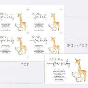 May include: A printable baby shower sign with a giraffe and elephant illustration. The sign says "Book for baby" and includes a request for guests to bring a book in place of a card. The sign is available in PDF, JPG, or PNG formats.