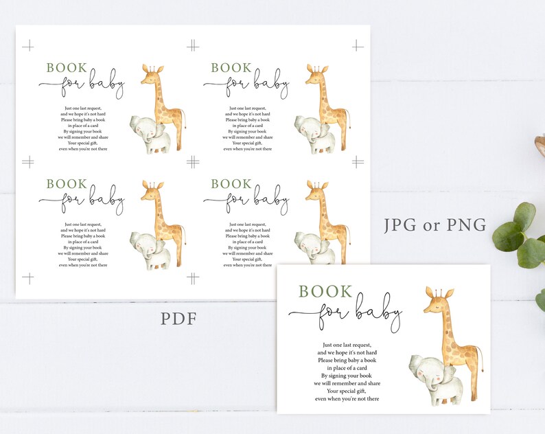 May include: A printable baby shower sign with a giraffe and elephant illustration. The sign says "Book for baby" and includes a request for guests to bring a book in place of a card. The sign is available in PDF, JPG, or PNG formats.