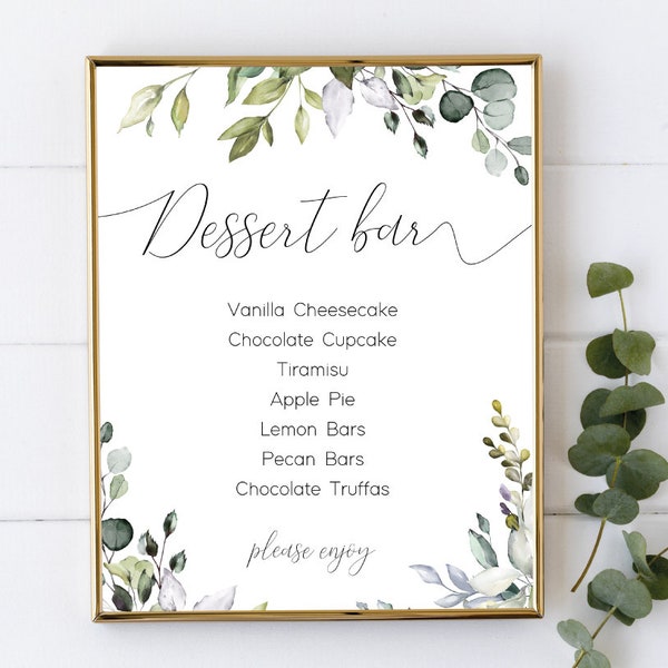 Dessert Bar Sign, Greenery Menu, Editable Sign, Greenery Printable Dessert Sign, Dessert Table Sign, Instant Download, Corjl, GE01