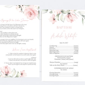 May include: A pink and green floral design with the text "Baptism of Adele White" and the date "June 10, 2017". The document lists the names of the officiant, pianist, chorister, and other participants in the ceremony.
