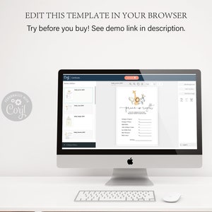 May include: A computer screen displaying a digital template for a baby shower game called "Price is Right". The game features a giraffe, zebra, and lion illustration. The template is customizable and can be edited in a web browser.