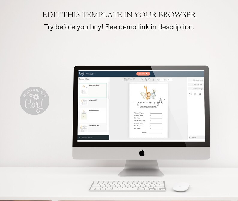 May include: A computer screen displaying a digital template for a baby shower game called "Price is Right". The game features a giraffe, zebra, and lion illustration. The template is customizable and can be edited in a web browser.