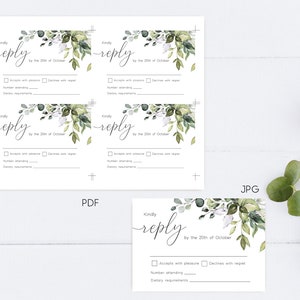 May include: Four white RSVP cards with green foliage and the text "Kindly reply by the 20th of October". Each card has a checkbox for "Accepts with pleasure" and "Declines with regret", a line for "Number attending", and a line for "Dietary requirements".