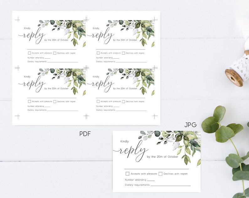 May include: Four white RSVP cards with green foliage and the text "Kindly reply by the 20th of October". Each card has a checkbox for "Accepts with pleasure" and "Declines with regret", a line for "Number attending", and a line for "Dietary requirements".