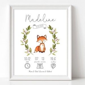Baby Geburt Druck, Wald Kinderzimmer Druck, Wald Animal Print, neues Baby Geschenk, bearbeitbarer Baby Geburt Druck, Geburt Details, Corjl, WW02