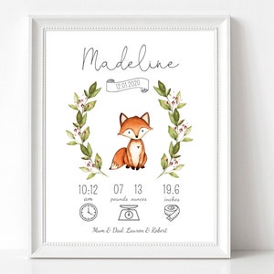 Baby birth print, Woodland Nursery Print, Woodland Animal Print, New Baby Gift, Editable baby birth print, Birth Details, Corjl, WW02