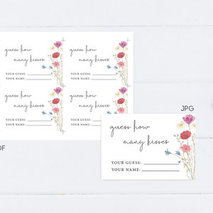 May include: Printable baby shower game cards with floral illustrations. Each card has the text "guess how many kisses" and a space to write in a guess and name.