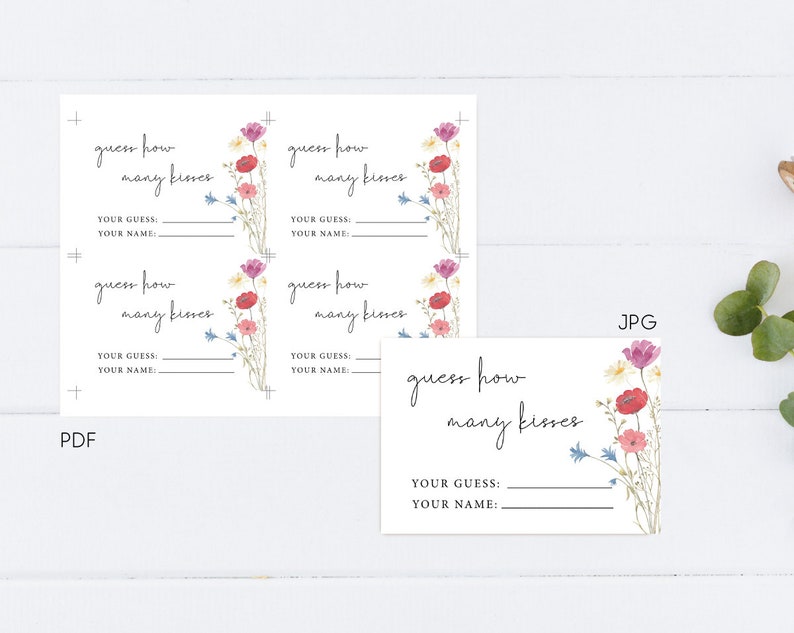 May include: Printable baby shower game cards with floral illustrations. Each card has the text "guess how many kisses" and a space to write in a guess and name.
