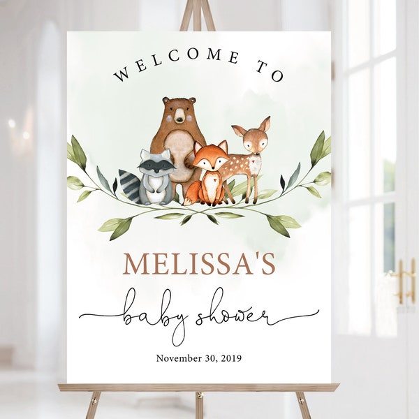 Woodland Animals Baby Shower Welcome Sign, EDITABLE Welcome Printable, Greenery Forest Animals Baby Shower Welcome Sign, Corjl, WW01