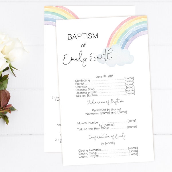 Editable LDS Baptism Program Template, Printable Baptism Program, Rainbow baptism program, lds baptism, DIY, Editable Template, Corjl, RB01