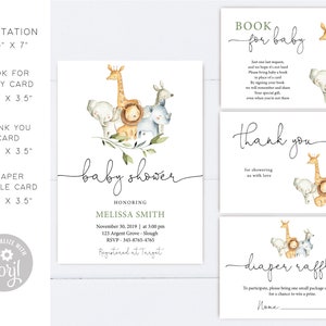 May include: A set of printable cards for a baby shower with a jungle animal theme. The cards include an invitation, a book for baby card, a thank you card, and a diaper raffle card. The cards feature watercolor illustrations of a giraffe, elephant, lion, and rhinoceros.
